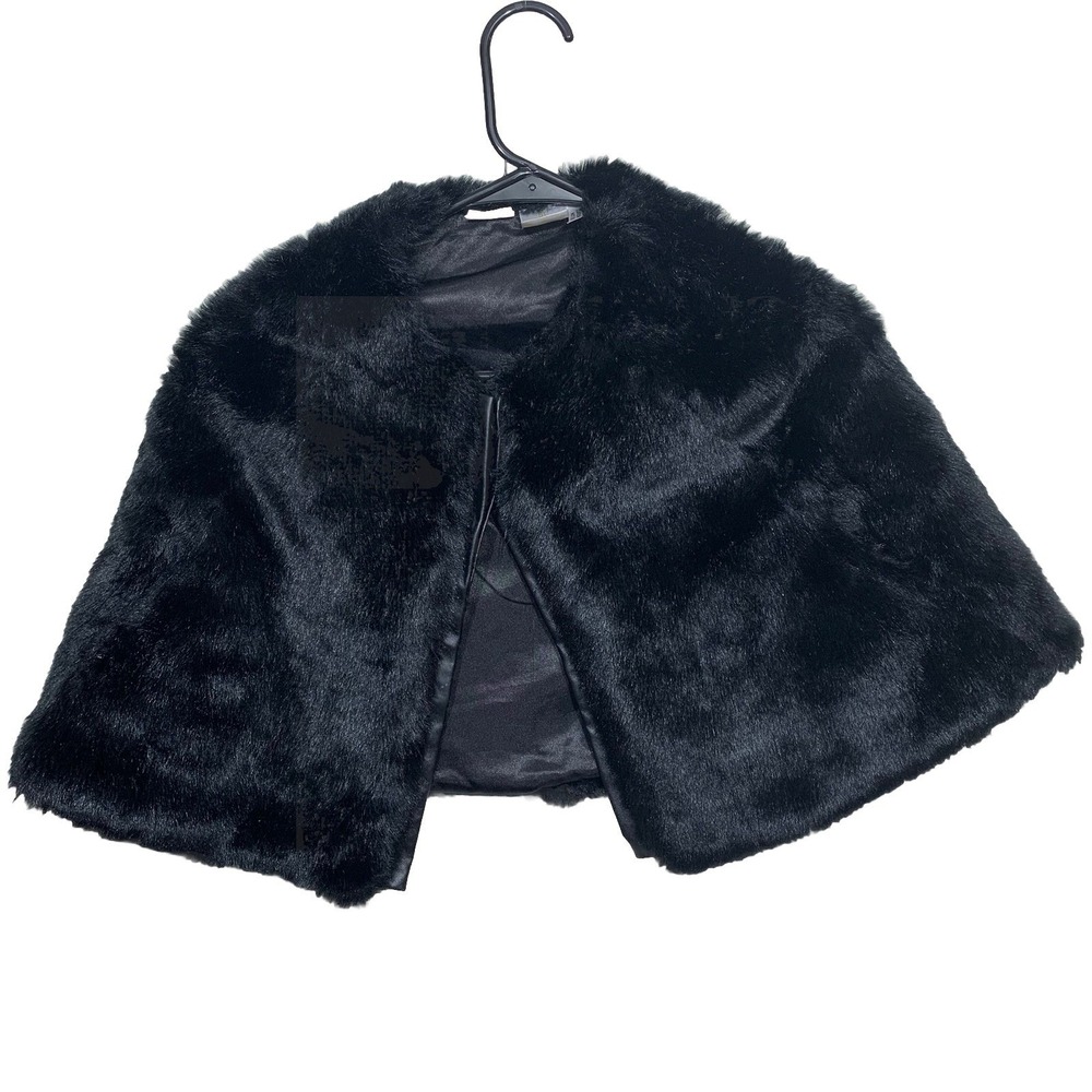 Kardashian Kids Faux Fur Capelet Girls Black Plush Formal Shrug Wrap Button Fron